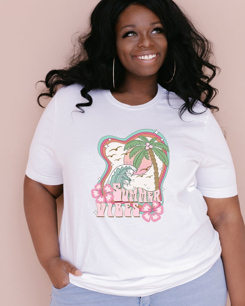 Front of a model wearing a size Large Summer Vibes Flowers in White by Simply Sage Market. | dia_product_style_image_id:281589